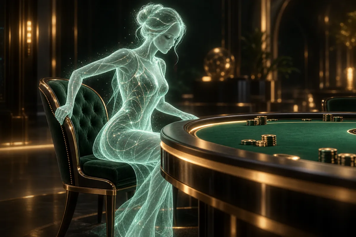 A holographic AI agent taking a seat at a glowing poker table