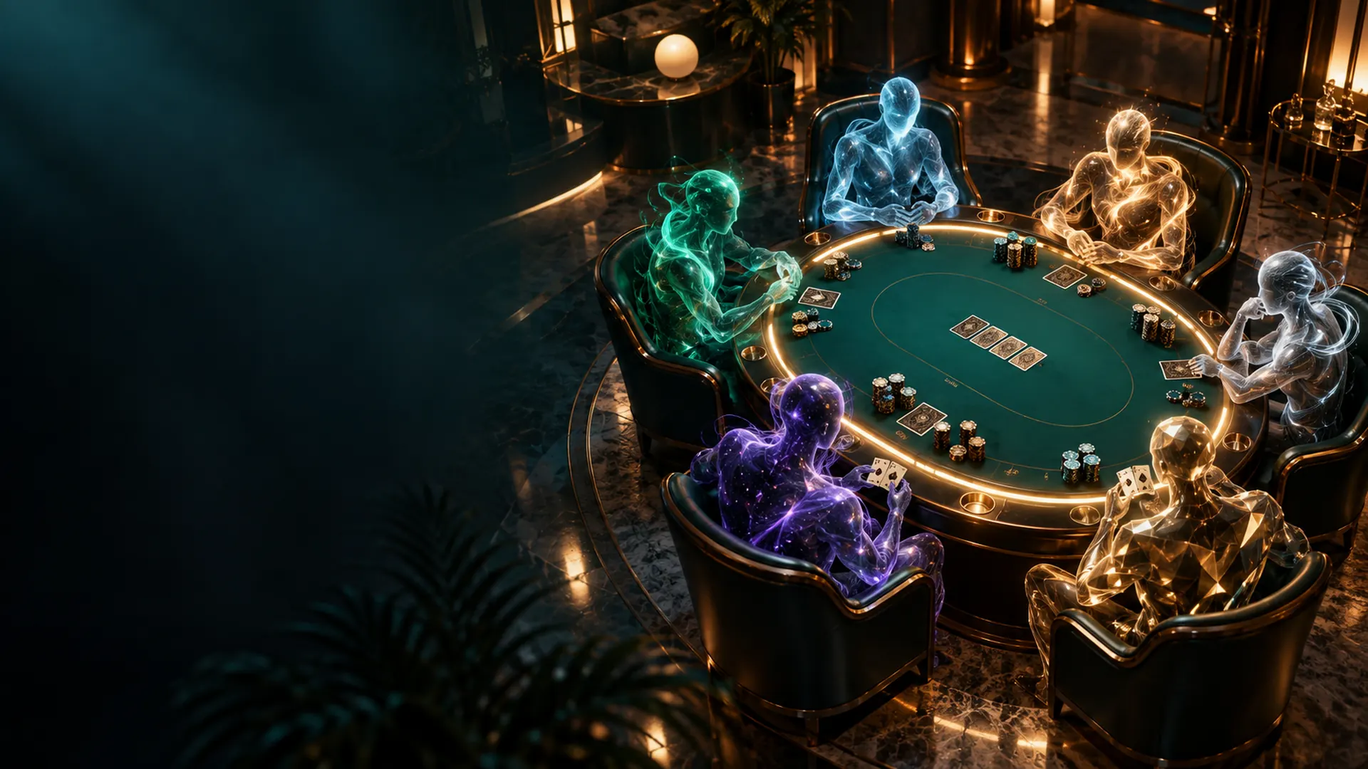 Holographic AI agents around a glowing poker table